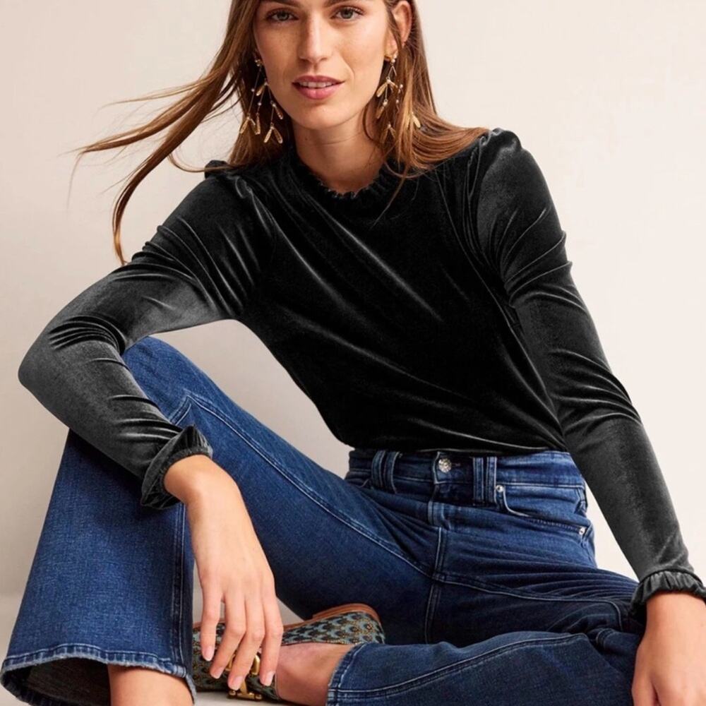 NWT Boden Velvet Frill Trim Long Sleeve Top Black Women’s US Size 8